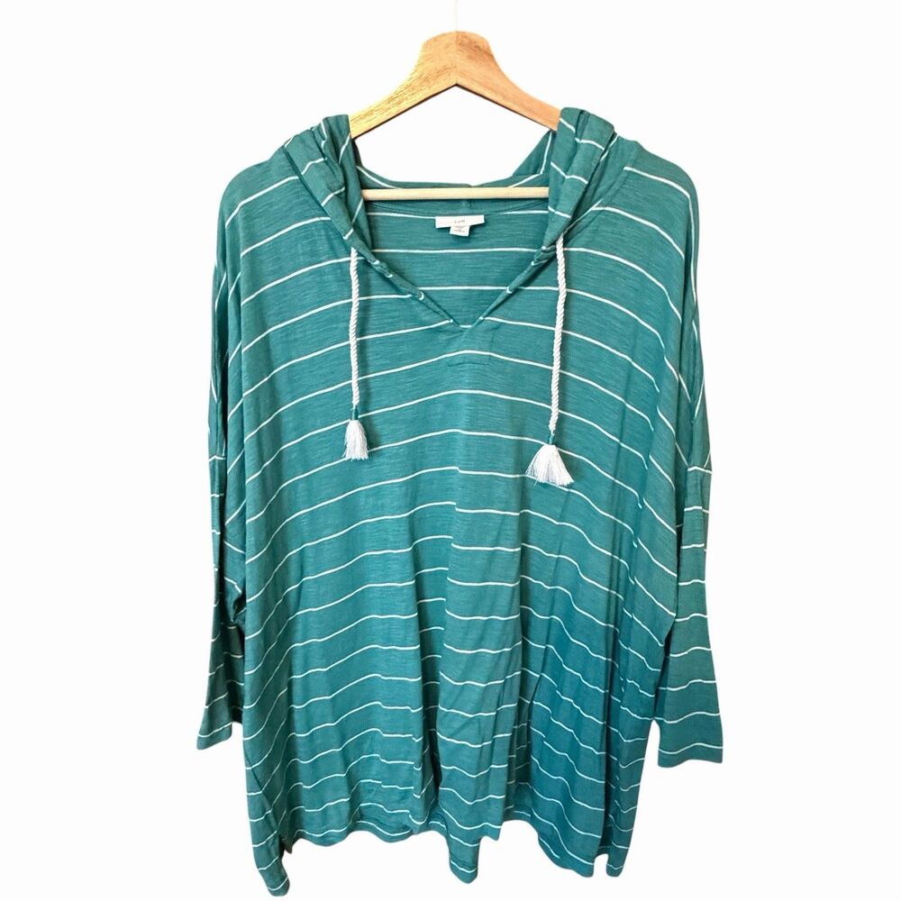 J Jill Womens Striped Pullover Hoodie Top 2X Coastal Lightweight Oversized Beach